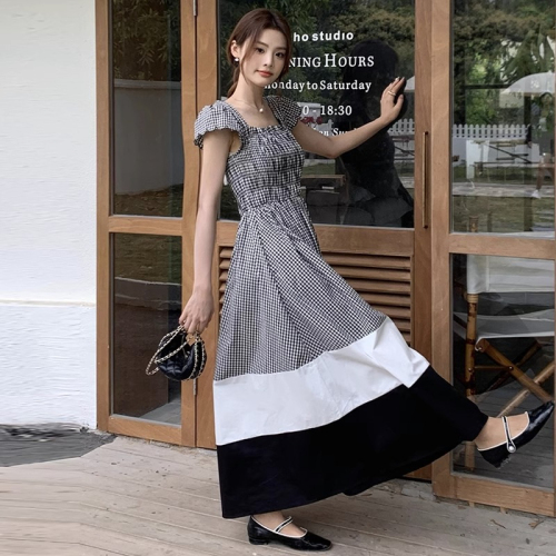 Korean chic summer French niche square collar pleated waist slimming flying sleeves color matching large hem dress