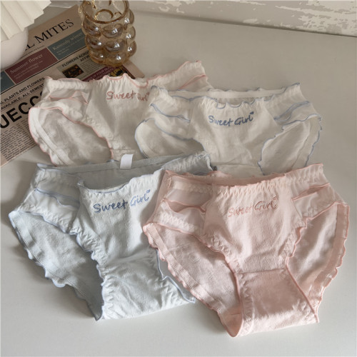 Real shot~Korean version of girl's sweet mesh contrasting letters pure cotton mid-waist women's sexy briefs