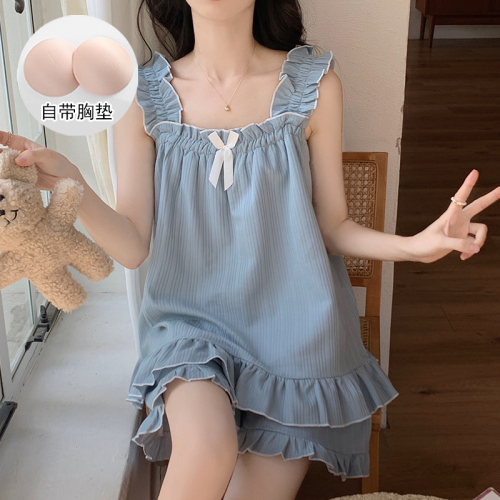 Real shot of pajamas with breast pads for women in summer 2024 new knitted cotton suspenders home clothes two-piece set sweet and cute