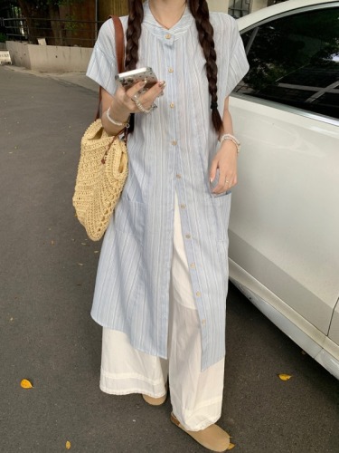 Actual shot ~ Literary retro loose casual fashion versatile striped long shirt + lace splicing wide-leg pants skirt