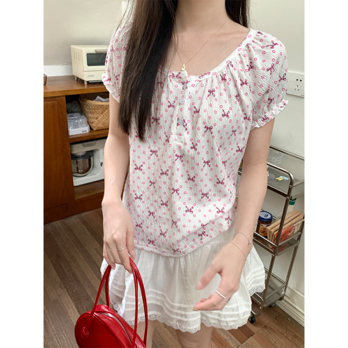 Real shot of personalized casual floral lace casual T-shirt for women 2024 new summer Korean style small fresh short-sleeved top