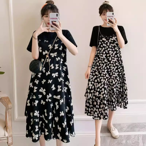 Fat girl summer thin temperament belly-covering floral long skirt women's plus size loose slimming fake two-piece dress