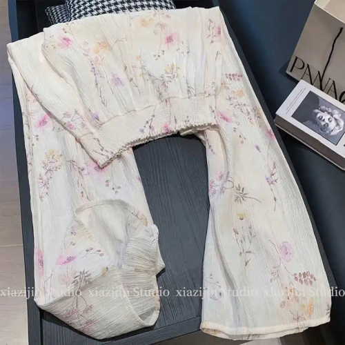 Outlets~New texture pleated national style retro high waist drape cool floral wide leg pants
