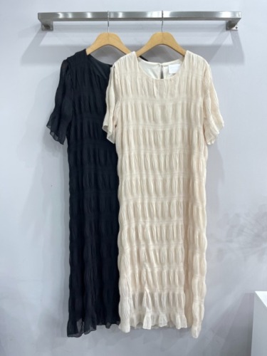 2024 Korean spring and summer new wave pattern mid-length loose round neck short-sleeved chiffon dress