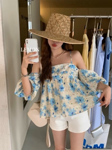 THE LEMON lemon green tea French style high-end leaky shoulder straps puff sleeve blouse women's summer baby blouse top