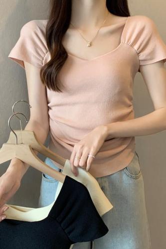 韩国chic夏季设计感方领带胸垫褶皱飞飞袖休闲针织上衣女