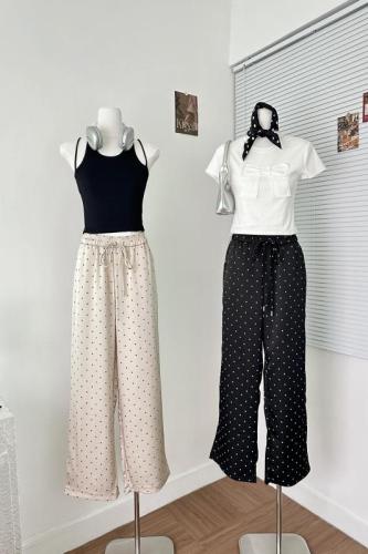 CCHUN ZI polka-dot casual pants for women, high-waisted, slim, loose, straight-leg wide-leg pants, summer drapey floor-length pants for women