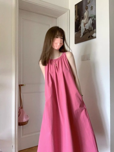 Korean original summer new raspberry pink whitening age-reducing pleated shoulder-cut sleeveless dress women's dress