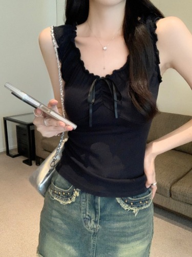 Actual shot of summer Korean style short design fungus lace-up solid color U-neck vest T-shirt top for women