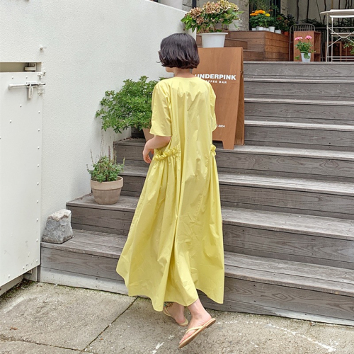 Summer new style Korean style loose slimming short-sleeved yellow large size dress women's casual temperament A-line long skirt