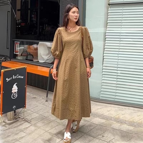 Korean chic round neck embroidered hollow jacquard lace-up waist slimming short-sleeved dress for women