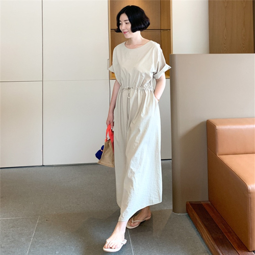 Korean chic summer retro niche simple solid color waist elastic loose puff sleeves long splicing dress for women