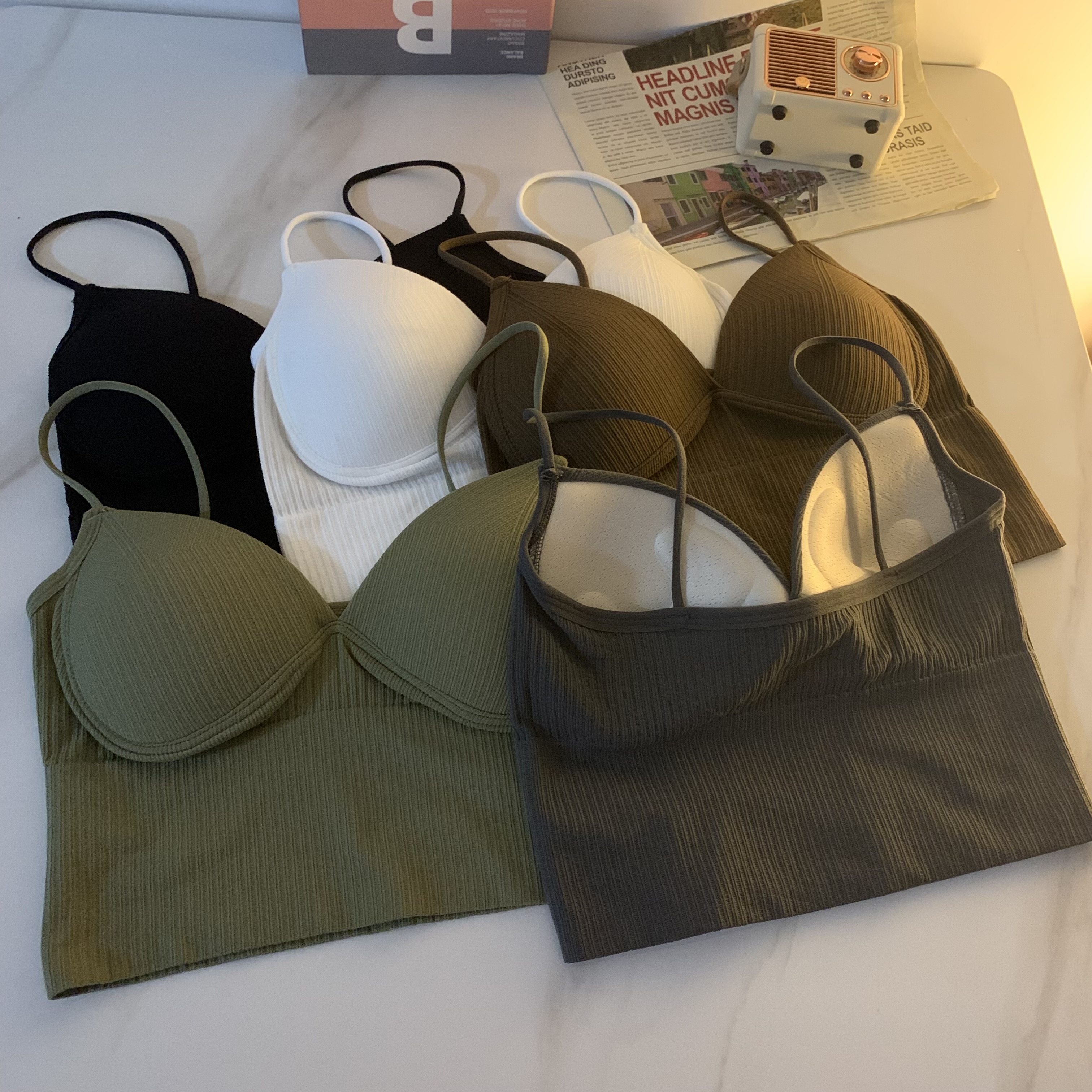 Real shots of Korean style fixed cup padded tops, sexy bras, small straps, seamless vest underwear