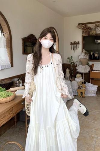 Real shot 2024 new summer super fairy skirt loose pleated hem suspender dress + lace hollow sun protection cardigan