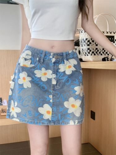 Actual shot~New daisy design sweet and cool denim skirt with high waist and slimming A-line hip skirt