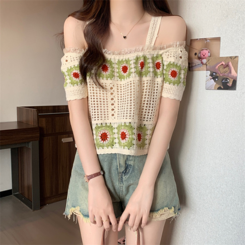 Bohemian resort style hollow lace off-shoulder sweater for women with summer design and sweet short suspender top