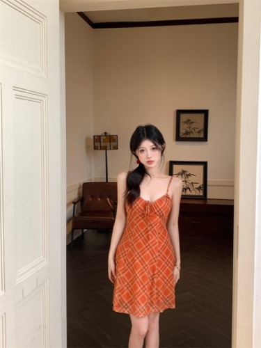 Real shot ~ European and American style retro orange plaid suspender skirt for women summer sexy dress slim skirt