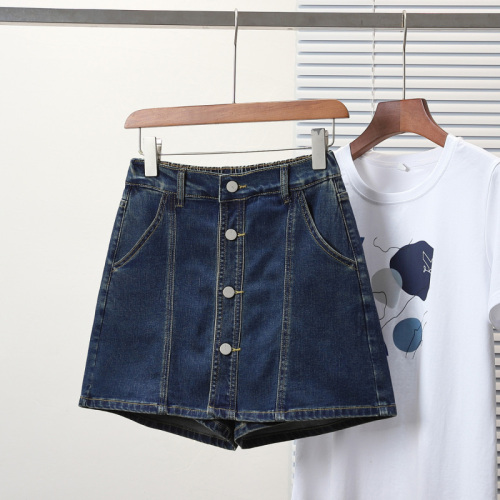 Real shot of summer large size elastic elastic waist loose anti-exposure denim skirt pants fat MM casual shorts skirt