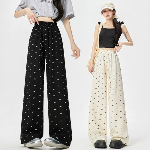 Real shot of ice silk cotton and linen bow wide-leg pants for women 2024 summer thin drapey casual straight floor-length pants