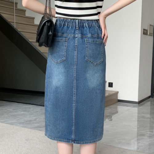 Actual shot of new summer large size elastic elastic waist thin denim skirt for fat girls casual mid-length A-line skirt