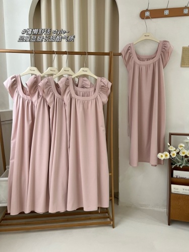 Wang Girl's Shop Pink Small Flying Sleeve Dress 2024 Summer Square Neck Sweet Vacation Loose Long Slim Skirt