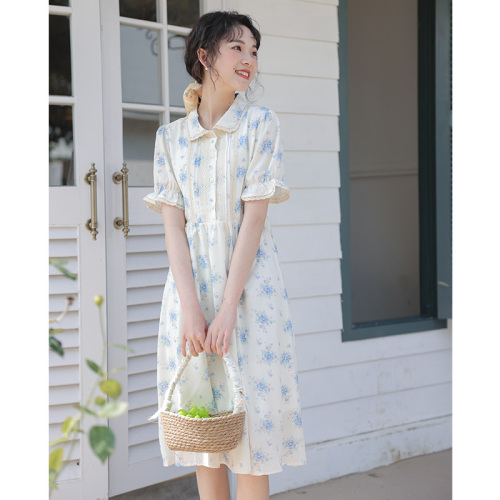 Actual shot of floral dress 2024 new summer Japanese style fresh and gentle style doll collar puff sleeve waist skirt