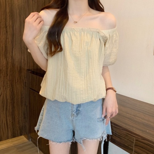 Real shot French chic short top for women summer new sweet square neck puff sleeve shirt