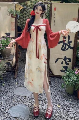 Plus size women's improved tube top Hanfu skirt temperament square neck printed slit trumpet sleeve dress