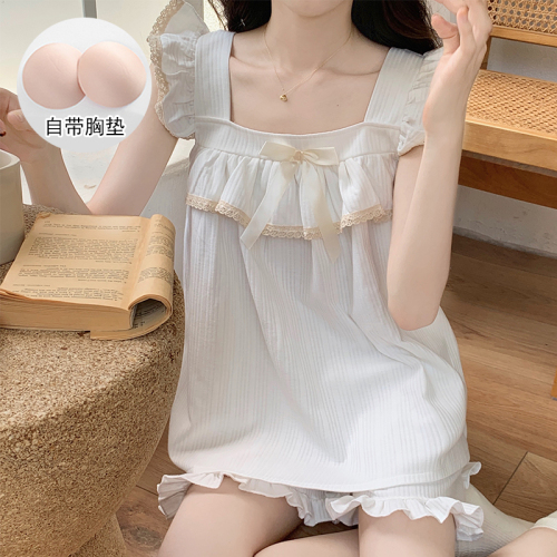 Real shot of pajamas with breast pads for women in summer 2024 new style small flying sleeves knitted cotton home clothes set sweet and cute