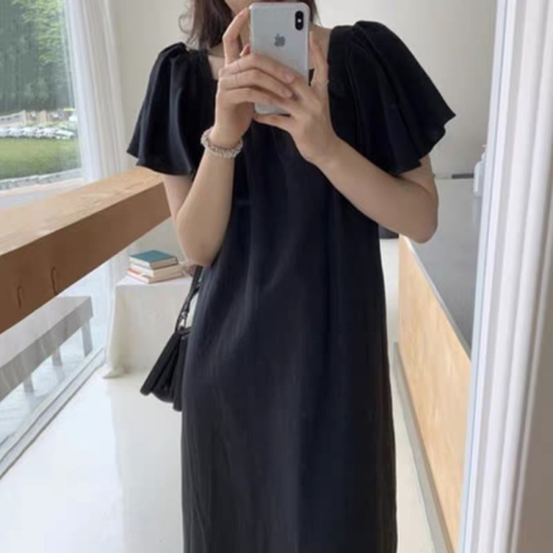 New Square Neck French Waist Dress Casual Korean Style Fashion Casual Long Skirt 2024 Summer New Style for Women