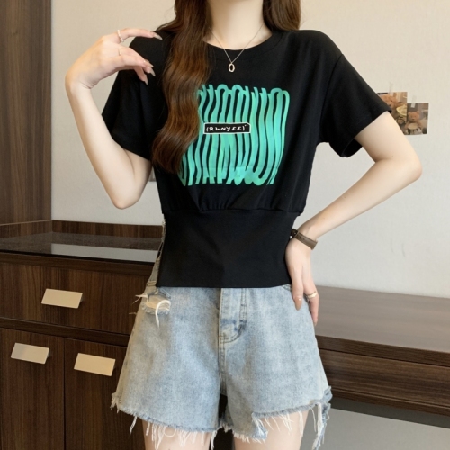 实拍 韩国外贸订单  40支纯棉 2024夏装印花拉链短袖T恤女收腰