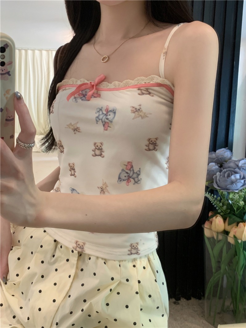 實拍  夏季新款蕾絲花邊小熊吊帶背心女
