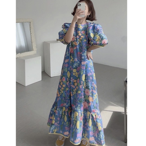 2024 New Korean Style Retro Floral Long Skirt Women's Fashion Casual Printed Temperament Age-Reducing Super Fairy Dress