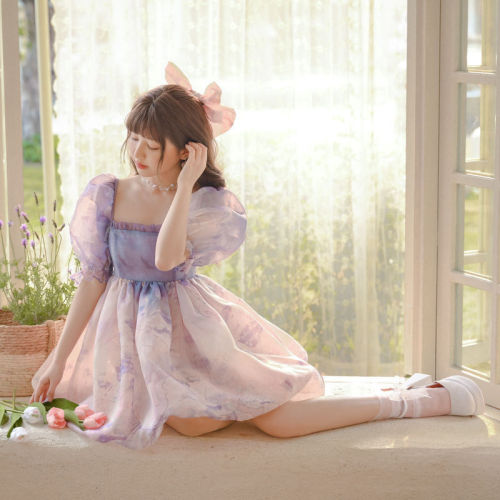 French sweet and high-end petite princess flower dress with waist and elegant fairy fluffy skirt