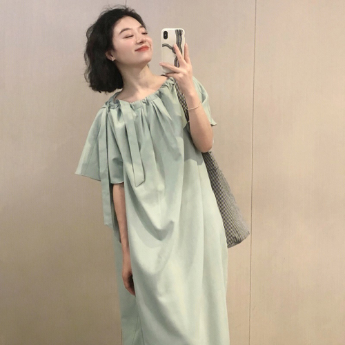 2024 spring and summer new style women's high-end coffee break French loose belly-covering slim casual green dress summer