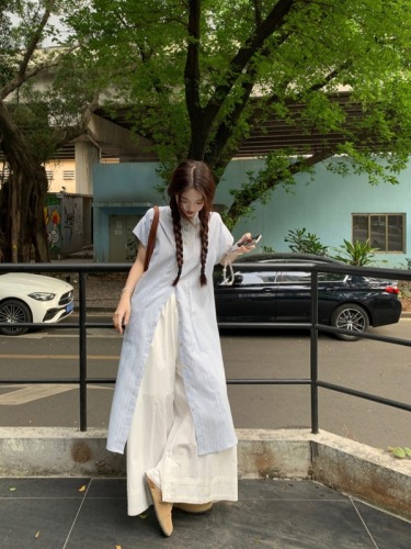 Actual shot ~ Literary retro loose casual fashion versatile striped long shirt + lace splicing wide-leg pants skirt