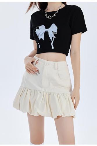 Actual shot Summer new style spliced ​​flower bud design skirt Feminine high waist slimming A-line casual short skirt trendy