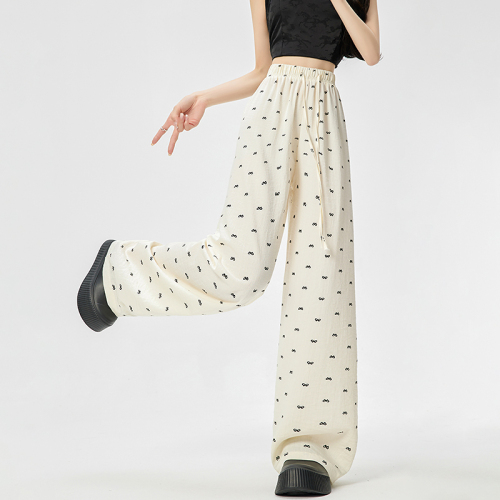 Real shot of ice silk cotton and linen bow wide-leg pants for women 2024 summer thin drapey casual straight floor-length pants