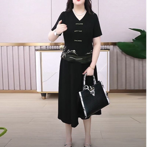Official picture original quality plus size women's 2024 summer temperament noble lady fake two-piece midi dress