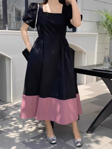 Korean chic summer new niche design square collar color matching dress women's high waist slim puff sleeve long skirt