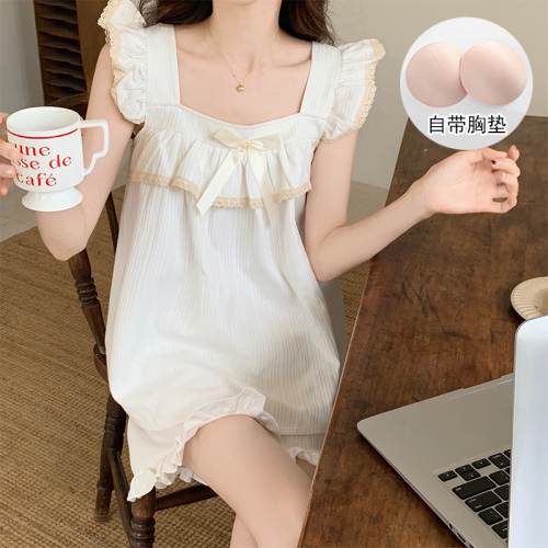 Real shot of pajamas with breast pads for women in summer 2024 new style small flying sleeves knitted cotton home clothes set sweet and cute