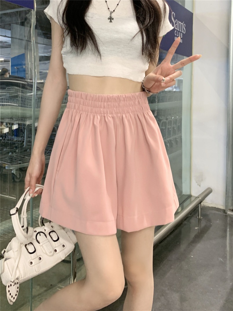 Actual shot of women's suit shorts, elastic waist, high waist, wide leg mid-length pants