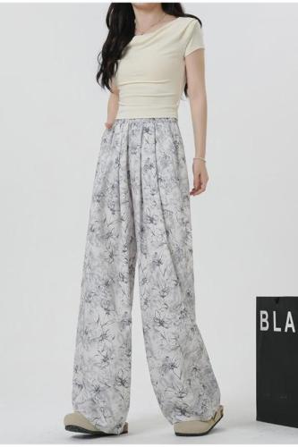 Actual shot 9776 ice silk wide leg pants for women summer thin drapey ink print lazy style sun protection casual pants