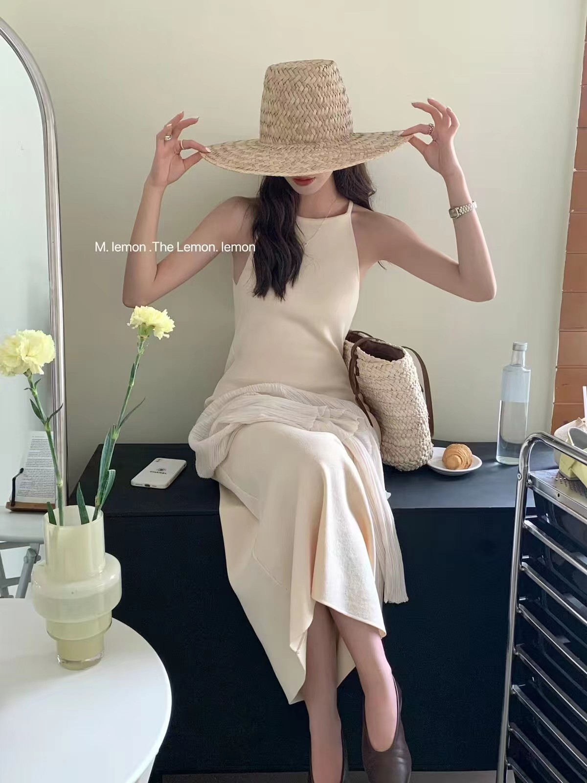 SYT homemade French romantic knitted suspender dress for women, niche design, slimming, sleeveless long skirt