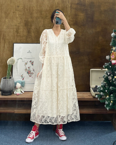 Korean style lace flesh-covering V-neck long dress