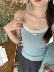 U77 Pure Desire Bowknot Fake Two-Piece Vest Slimming Women's Top Sleeveless Short Style Pit Stripe Tassel Top Summer 