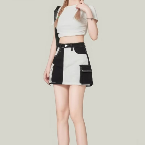Color-blocked high-waisted versatile short skirt for small people, short skirt, a-line skirt, fashionable Korean style high-waisted slimming skirt