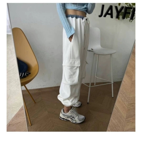 South Korea Dongdaemun 2024 Spring and Summer Spliced ​​Denim Waistband Large Pockets Loose Slimming Casual Pants