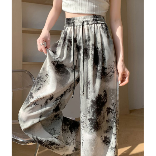 Ice silk quick-drying pants ink tie-dye casual wide-leg pants for women high-waisted straight-leg loose ice silk national style pants