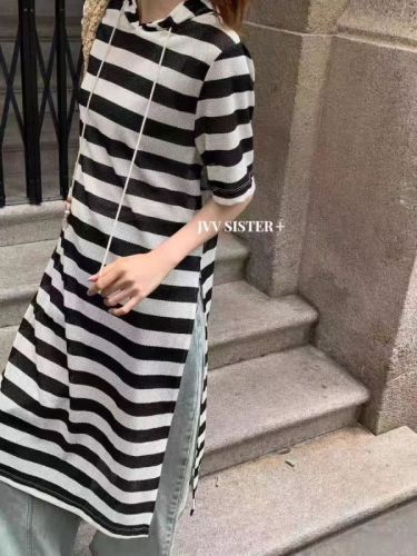 JVV SISTER Korean style casual black and white striped slit hooded short-sleeved knitted dress long skirt for women summer